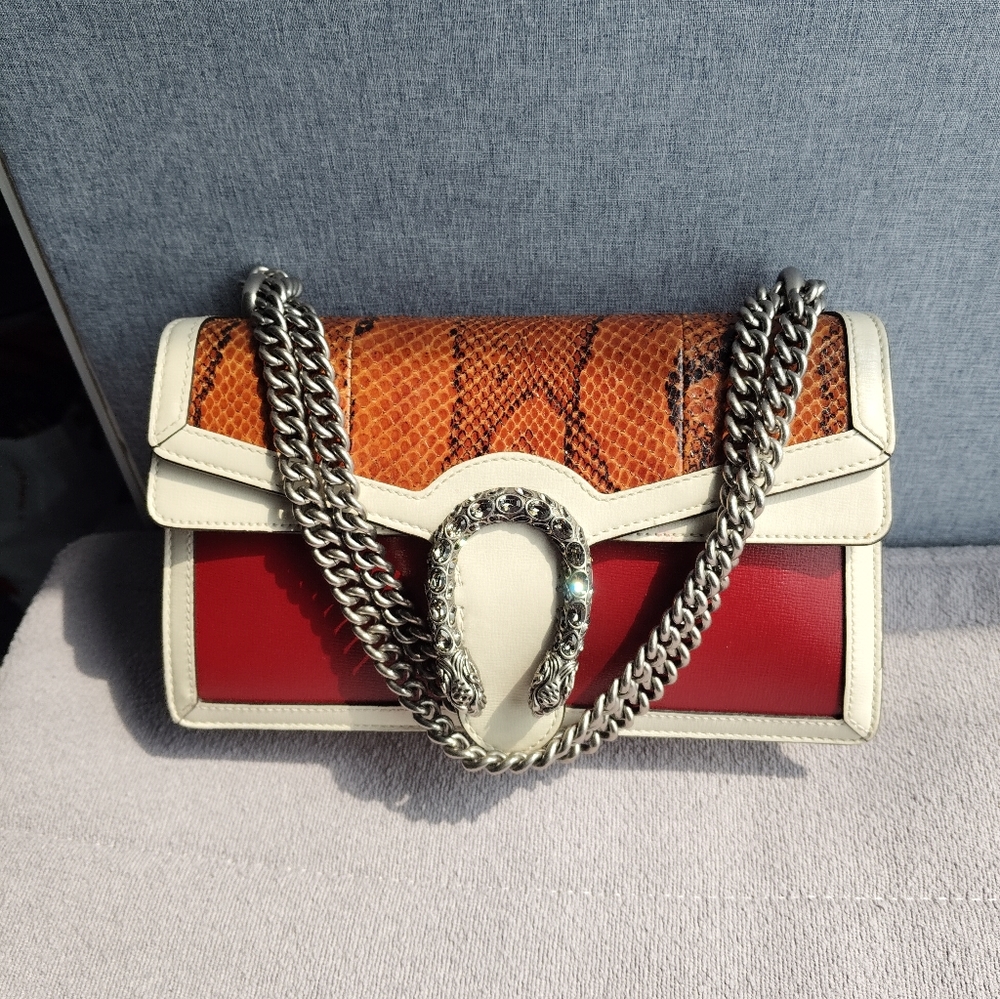 GuccDesigner-Inspired Red, Orange & Cream Leather Shoulder Bag with Silver Chain